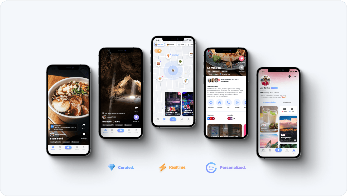 Five iPhones showing Welcome’s curated, realtime and personalized place recommendations