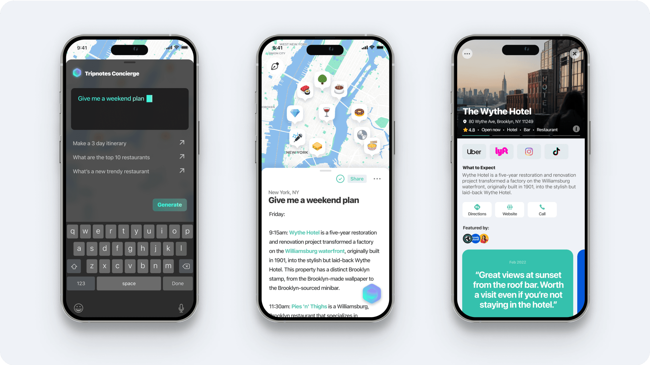 Three iPhones showing Tripnotes: the AI concierge prompt “Give me a weekend plan,” a New York itinerary on a map, and the Wythe Hotel place page