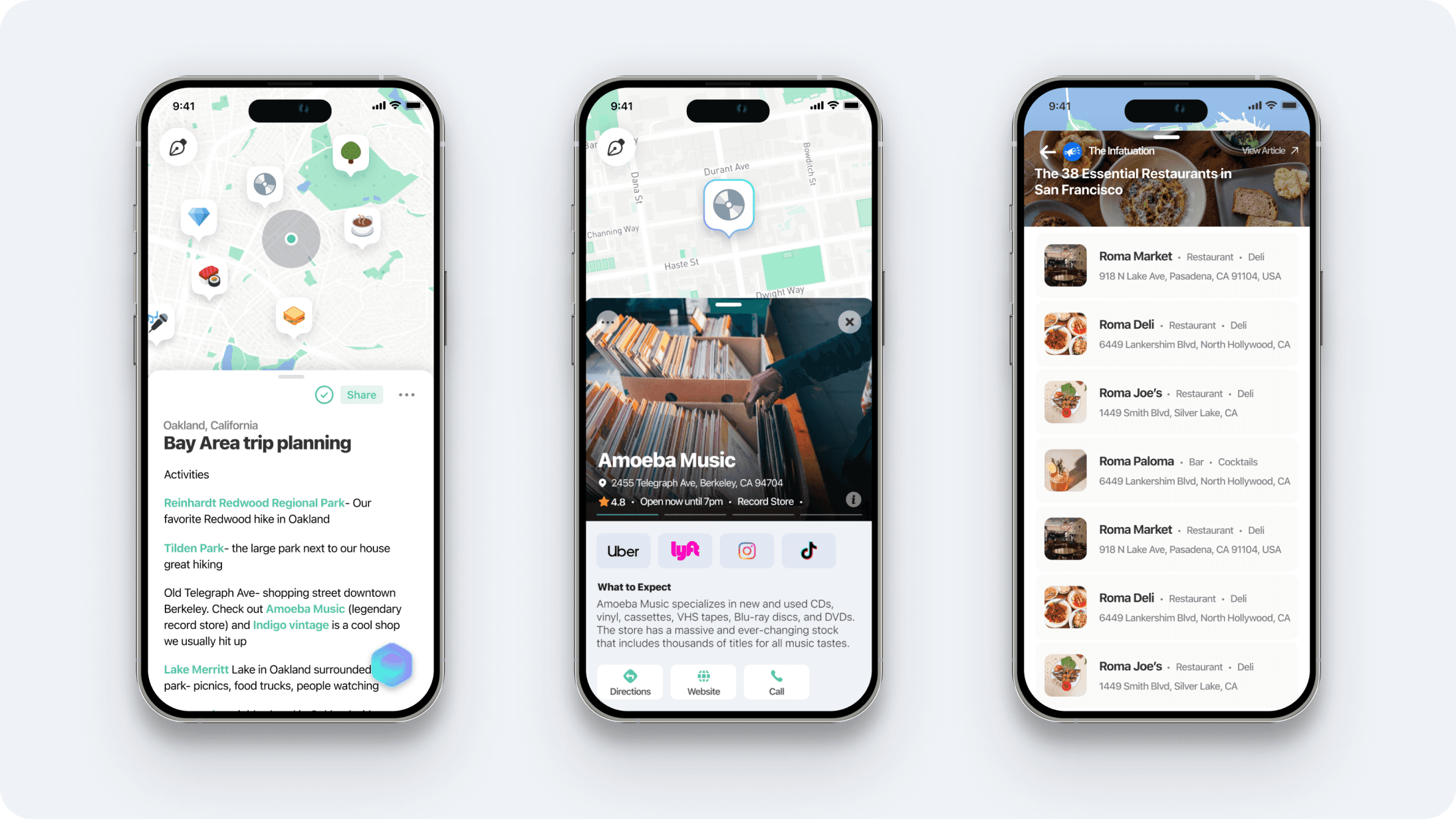 Three iPhones showing Tripnotes: a Bay Area trip plan on a map, the Amoeba Music place page, and a list of essential San Francisco restaurants