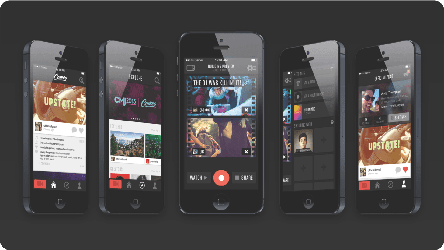 Five iPhones showing Cameo’s feed, explore, video editor and profile screens