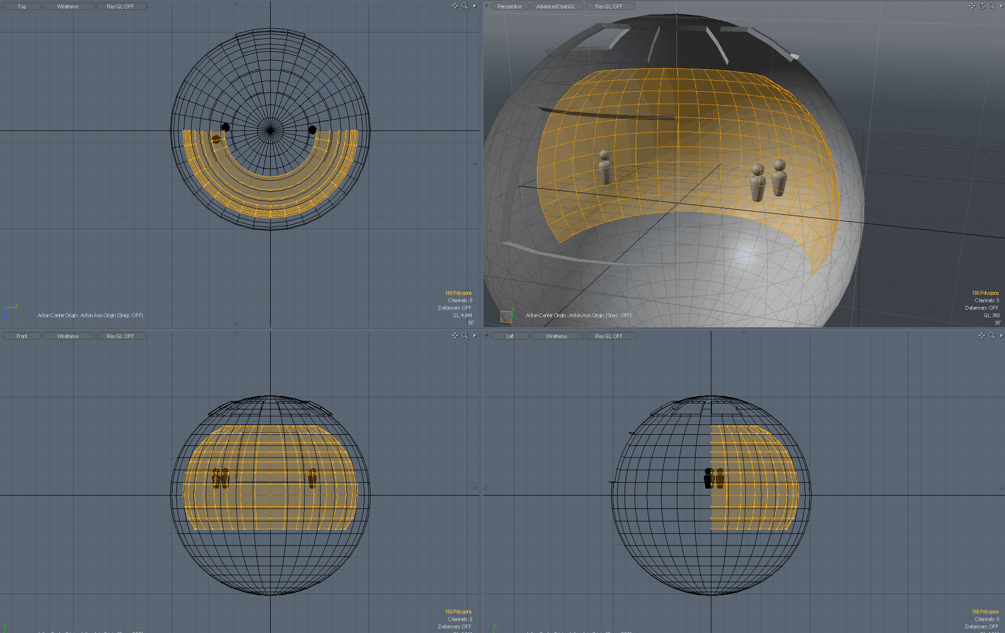 3D modeling views of Whiteboard’s spherical VR room with a curved board and two figures