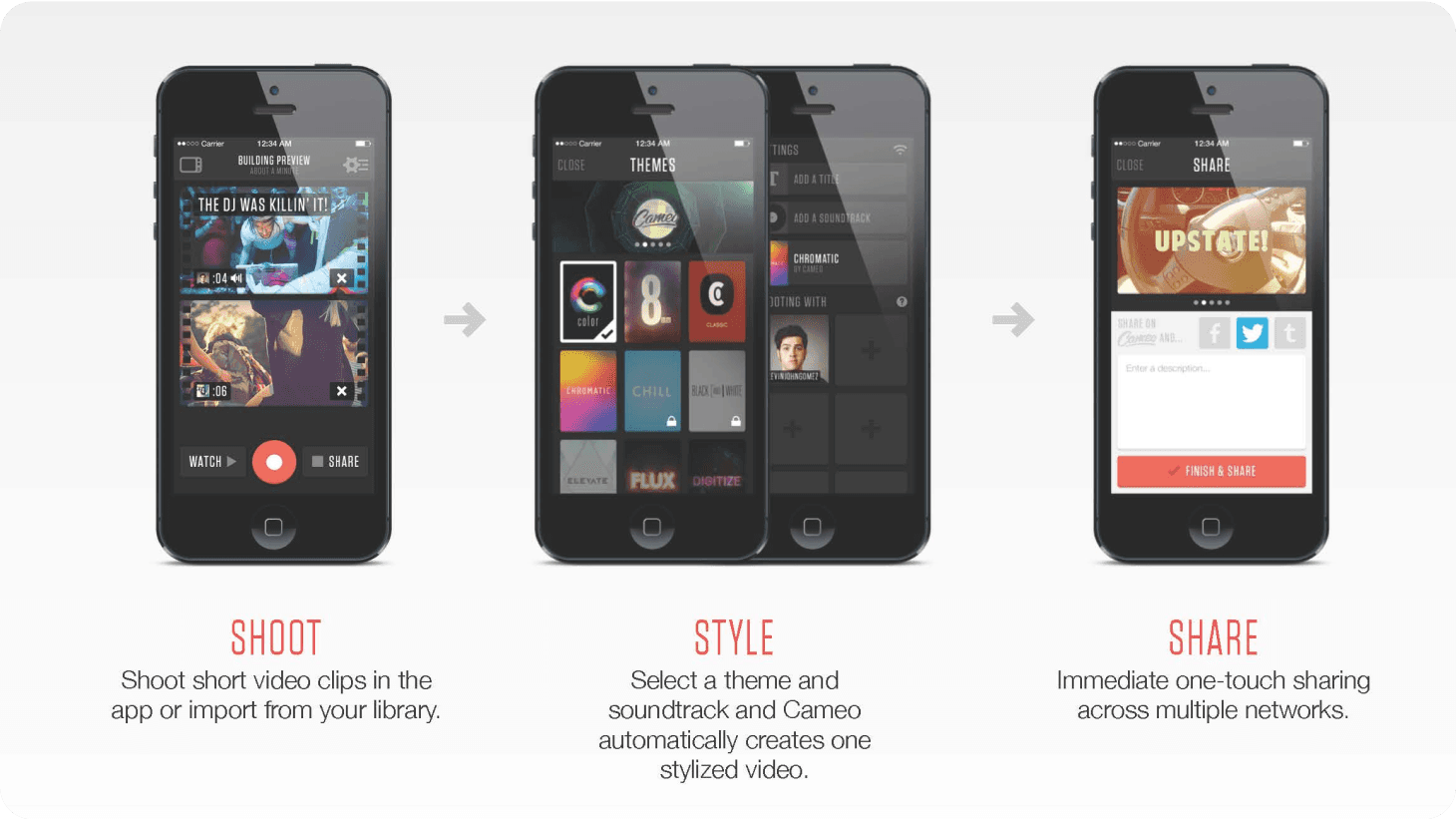 How Cameo works: shoot short clips, style them with a theme and soundtrack, and share in one tap