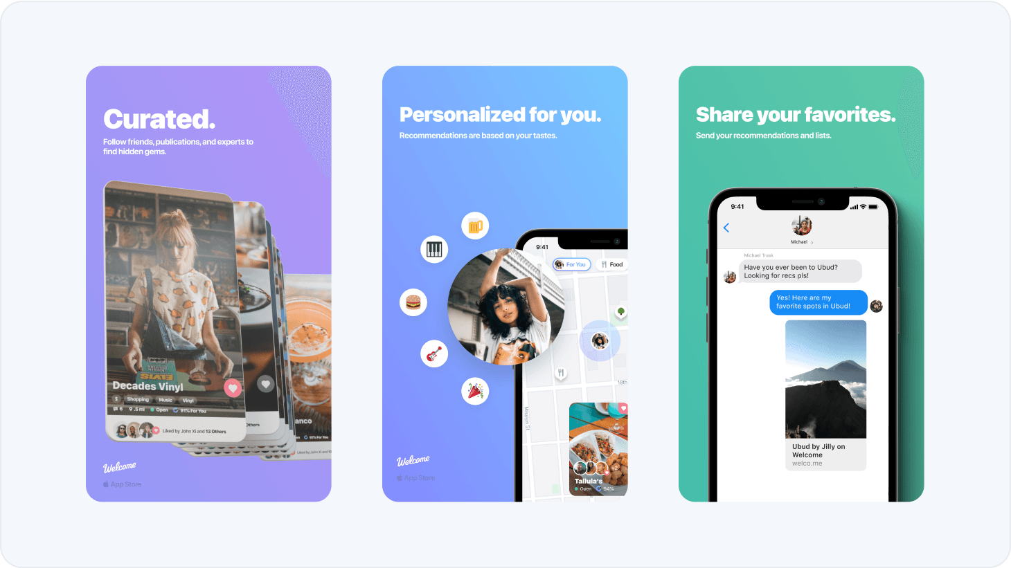 Welcome App Store screenshots: Curated, Personalized for you, and Share your favorites