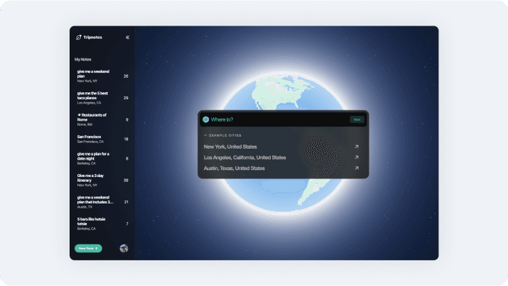 Tripnotes desktop app with a “Where to?” search over a glowing globe, beside a sidebar of saved trip notes
