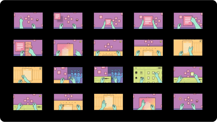 Storyboard grid of Whiteboard VR interactions: illustrated hands moving cards and documents on a virtual board