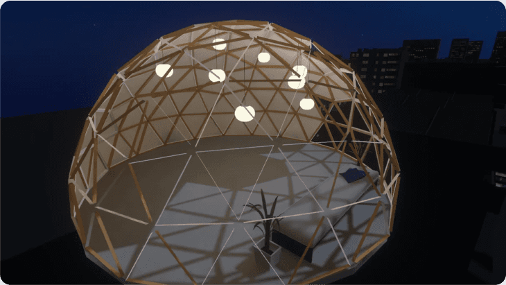 Render of a geodesic dome room at night, an early Whiteboard VR environment