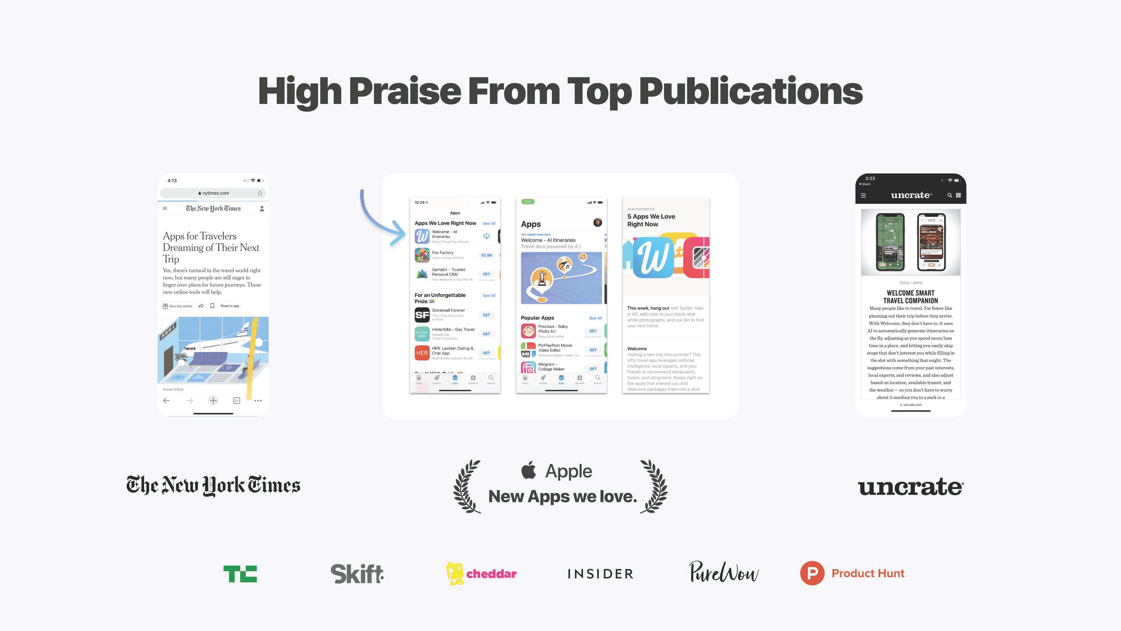 Press for Welcome from The New York Times, Apple’s “New Apps We Love,” Uncrate, TechCrunch, Skift, Cheddar, Insider, PureWow and Product Hunt