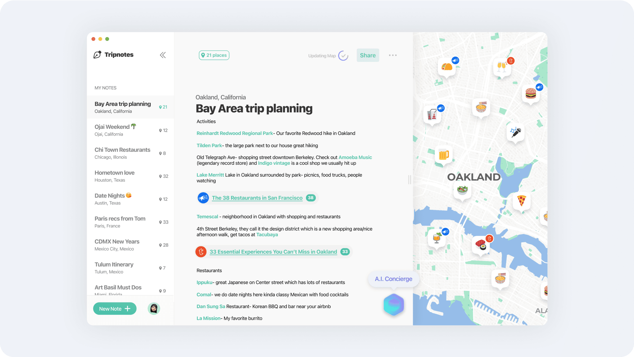 Tripnotes desktop app showing a “Bay Area trip planning” note with linked places beside a map of Oakland