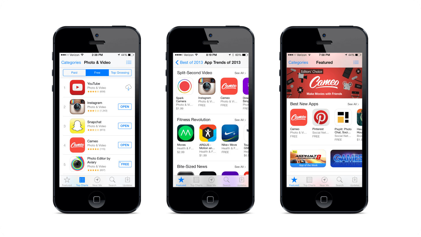 Cameo in the App Store: ranked in Photo & Video, featured in Apple’s Best of 2013, and promoted as Editors’ Choice