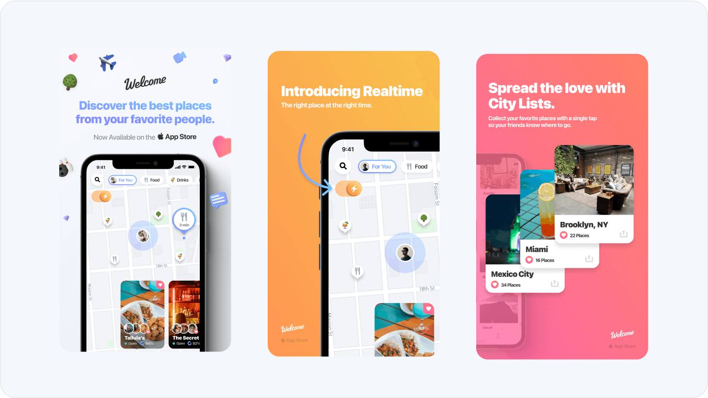 Welcome App Store screenshots: “Discover the best places from your favorite people,” “Introducing Realtime” and “Spread the love with City Lists”