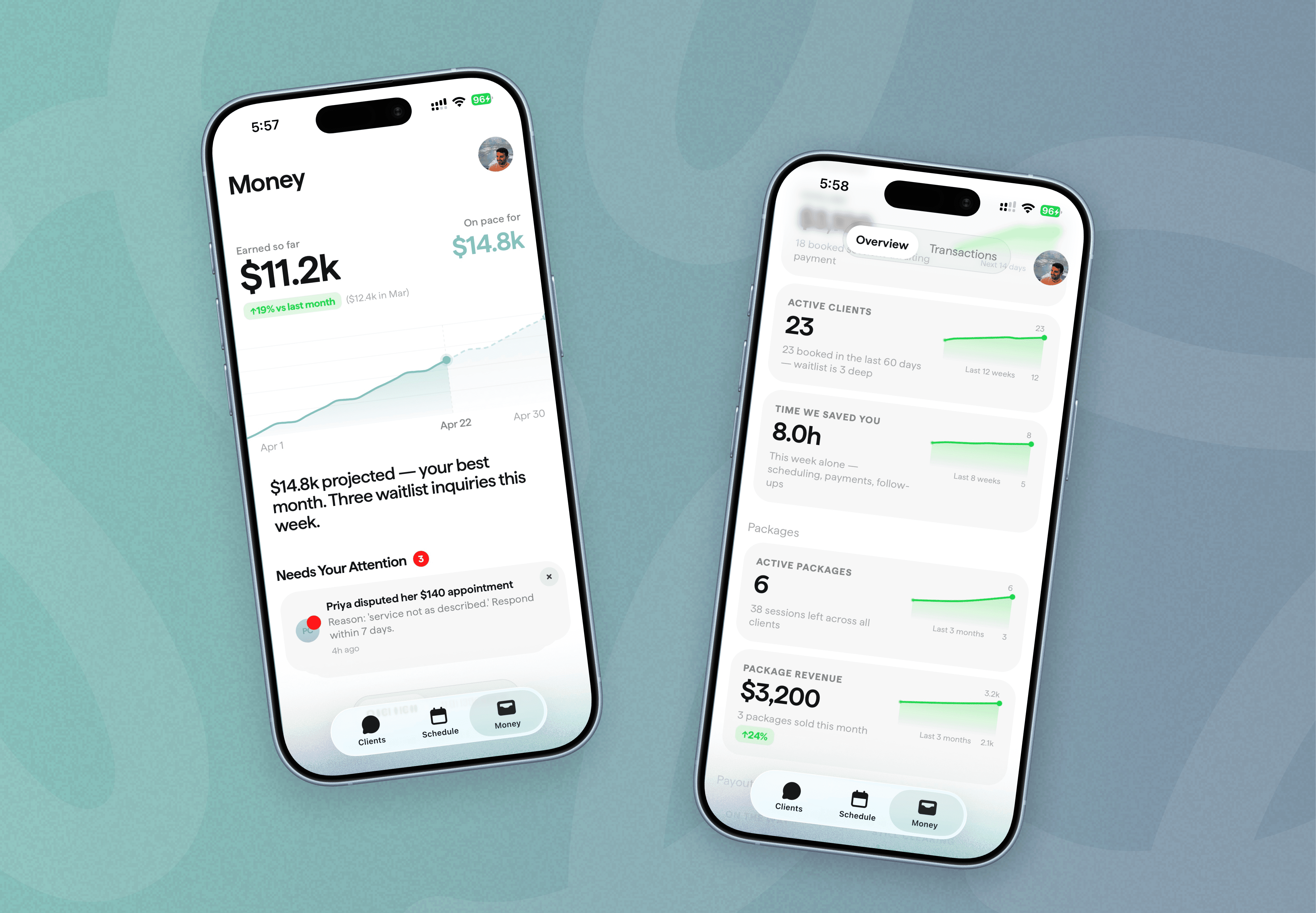 Two iPhones showing Little Engine’s money dashboard: $11.2k earned this month, a $14.8k projection, active clients, hours saved and package revenue