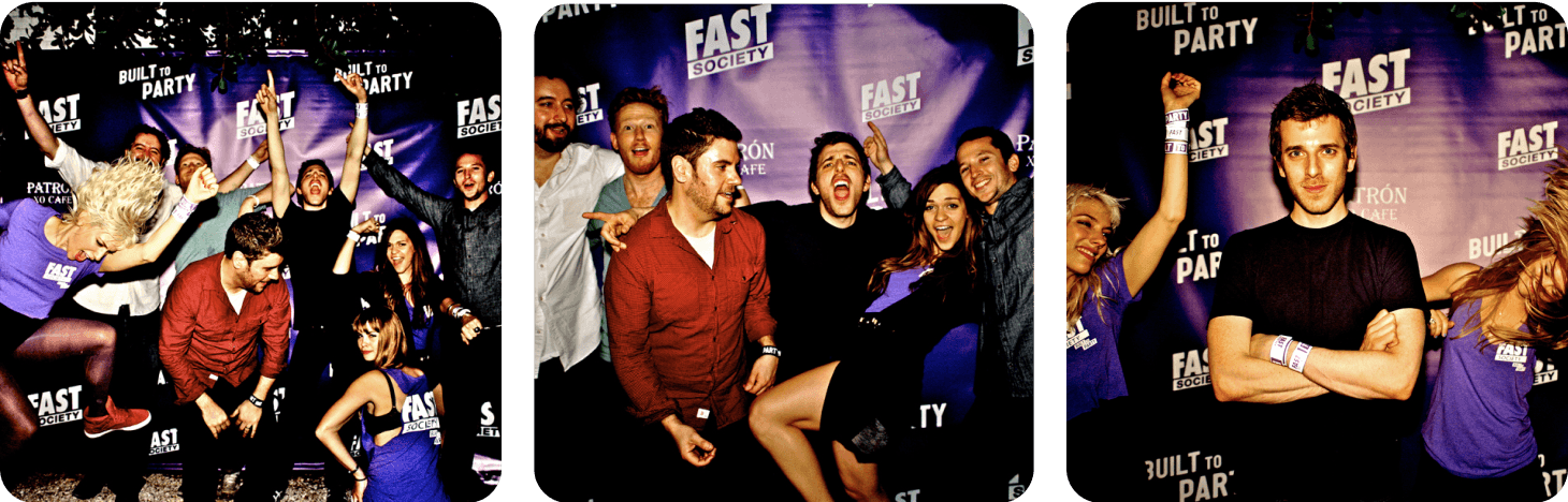 Party photos from Fast Society’s “Built to Party” events in front of a branded backdrop